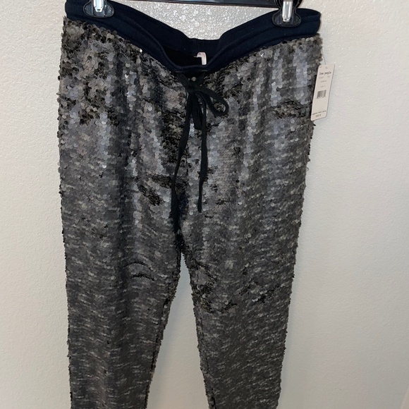 FREE PEOPLE Sequin Party Gunmetal Drawstring Jogger Pants Size S - Picture 1 of 12